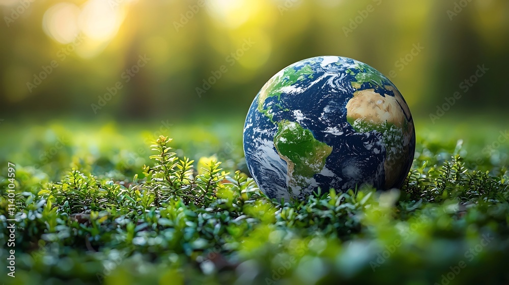 Lush Green Planet Earth Surrounded by Colorful Light Rings Symbolizing Sustainable Future Lush Green Planet Earth Surrounded by Colorful Light Rings Symbolizing Sustainable Future