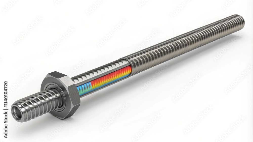 A detailed rendering of a threaded bolt, showcasing its cylindrical shaft and hexagonal head, ideal for mechanical applications and structural integrity. A detailed rendering of a threaded bolt, showcasing its cylindrical shaft and hexagonal head, ideal for mechanical applications and structural integrity.