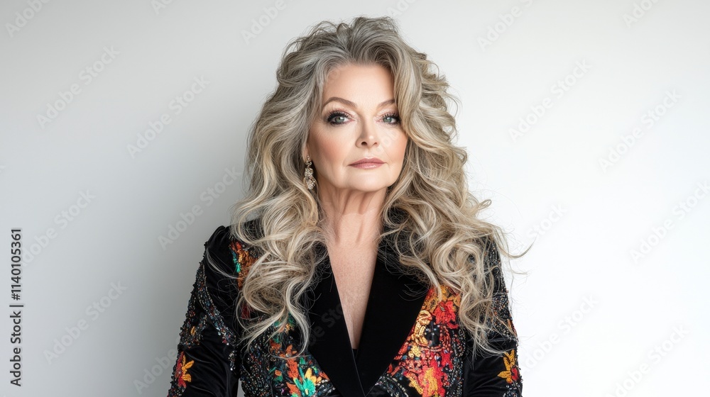 Elegant Mature Woman Portrait Studio Shot Gray Hair Stylish Clothing White Backgroun Elegant Mature Woman Portrait Studio Shot Gray Hair Stylish Clothing White Backgroun