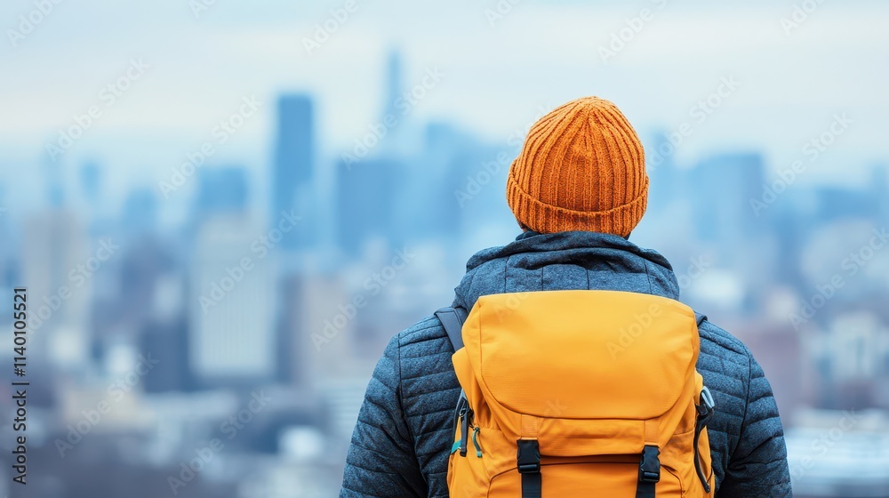 A lone traveler gazes at the city skyline, showcasing adventure and exploration against a stunning urban backdrop. A lone traveler gazes at the city skyline, showcasing adventure and exploration against a stunning urban backdrop.