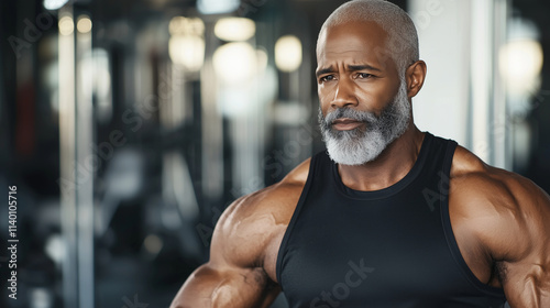 Aging African American Man Lifting Weights in Modern Gym photo