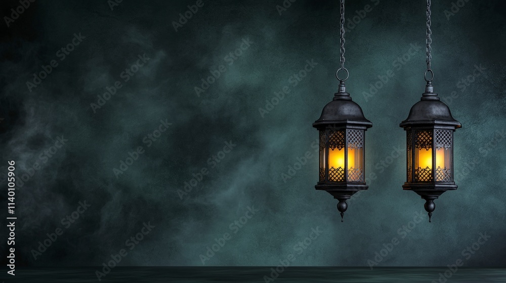 Glowing Lanterns Ramadan Festive Lights Dark Background Elegant Decor Hanging Lamps Glowing Lanterns Ramadan Festive Lights Dark Background Elegant Decor Hanging Lamps