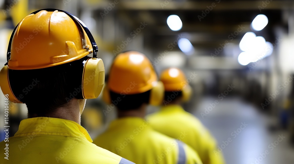 Workers in a Loud Factory Environment Wearing Ear Protection for Safety and Hearing Conservation Workers in a Loud Factory Environment Wearing Ear Protection for Safety and Hearing Conservation