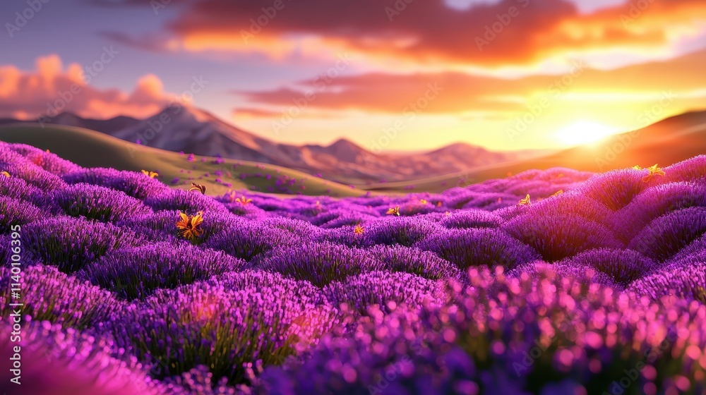 Fototapeta premium Sunset Over Lavender Fields with Purple Blooms and Scenic Mountain Landscape