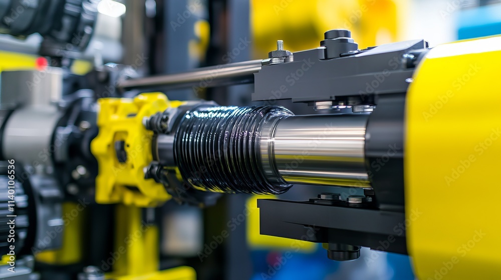 Close-Up View of a Machine Extruding Plastic Products with Bright Yellow Components Close-Up View of a Machine Extruding Plastic Products with Bright Yellow Components