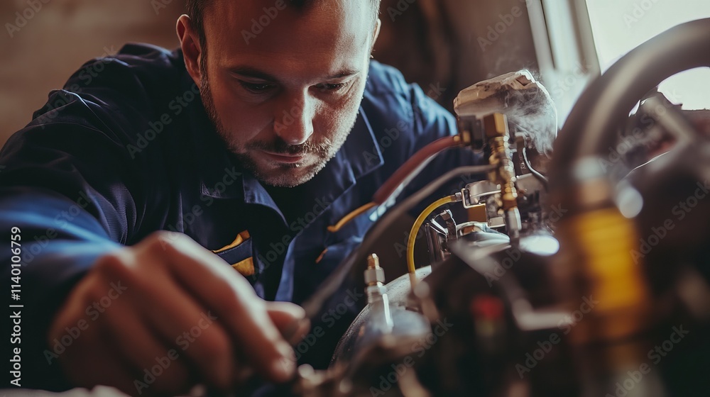 Technician Repairing Air Conditioning Unit with Focus on Precision and Detail in Workshop Environment Technician Repairing Air Conditioning Unit with Focus on Precision and Detail in Workshop Environment
