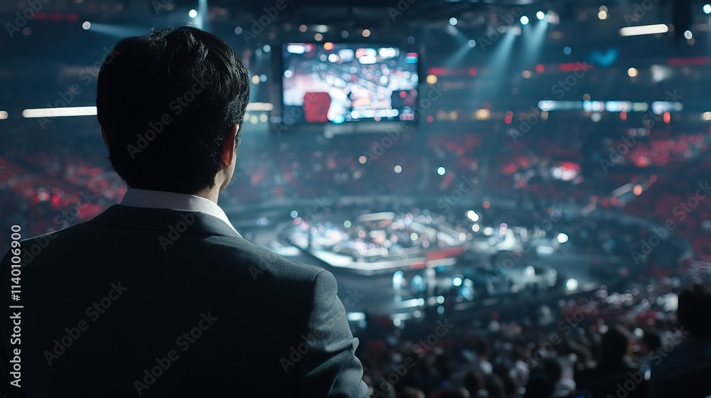 Man Watching Live Sports Competition in Exciting Arena with Crowd and Bright Screens Man Watching Live Sports Competition in Exciting Arena with Crowd and Bright Screens