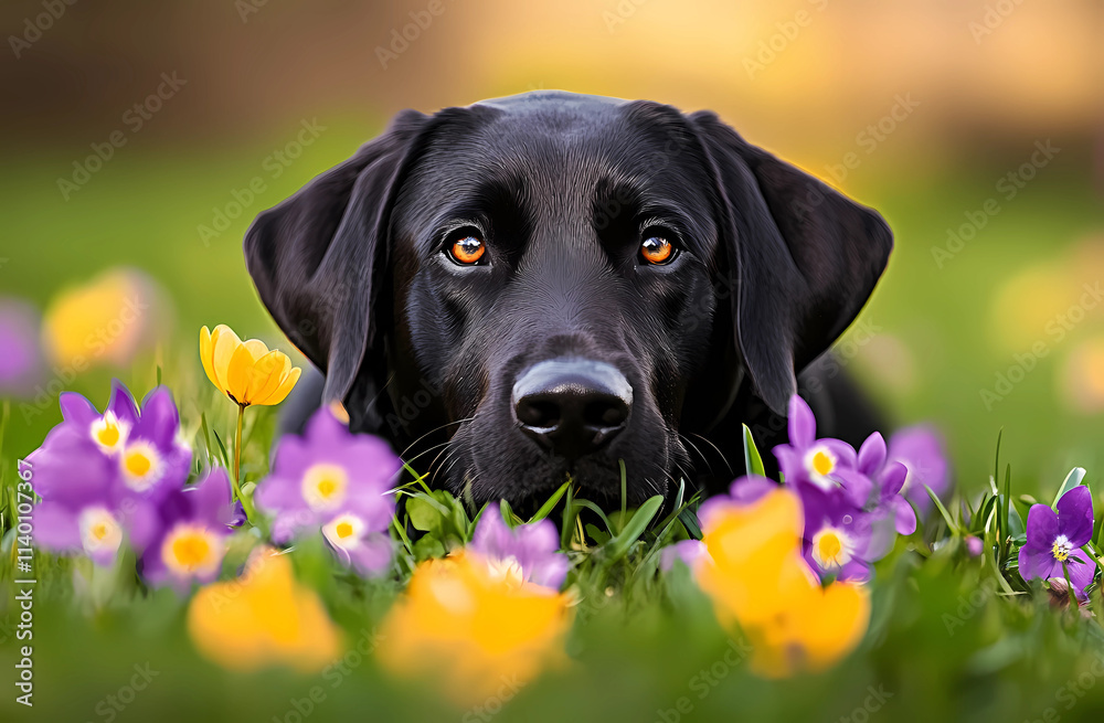 A black dog is laying in a field of flowers A black dog is laying in a field of flowers