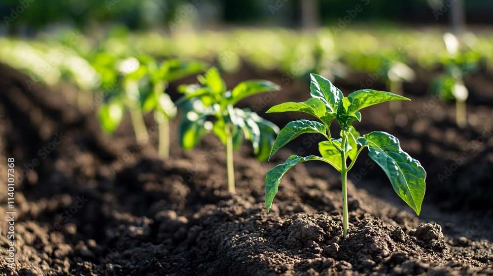 Rows of young seedlings growing in fertile soil on a farm at sunset Rows of young seedlings growing in fertile soil on a farm at sunset