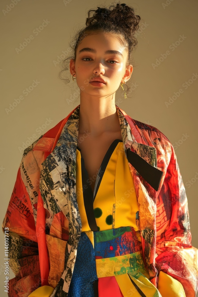 Young woman, colorful patterned jacket, yellow dress. Young woman, colorful patterned jacket, yellow dress.