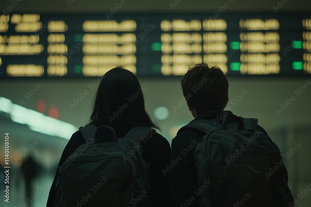 A couple wearing backpacks standing together at the airport, looking at the blurred flight schedule board in the background, with copy space. A couple wearing backpacks standing together at the airport, looking at the blurred flight schedule board in the background, with copy space.