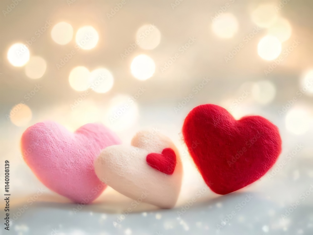 Three felt hearts, pink, beige, red, bokeh background. Three felt hearts, pink, beige, red, bokeh background.