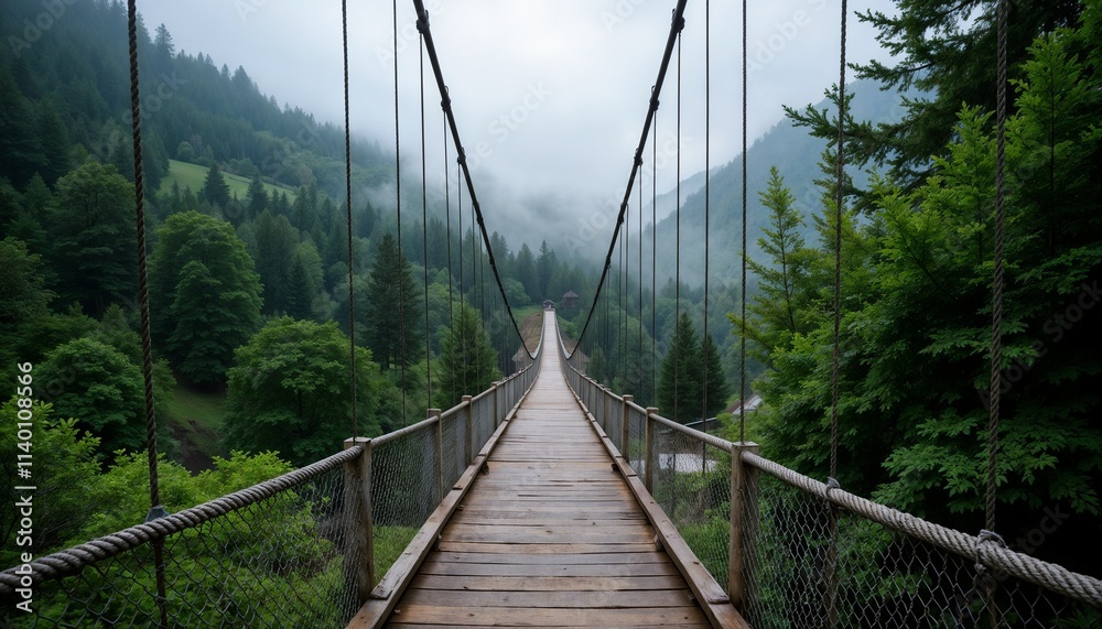 Obraz premium Suspension bridge over misty forest valley with rustic wooden planks.