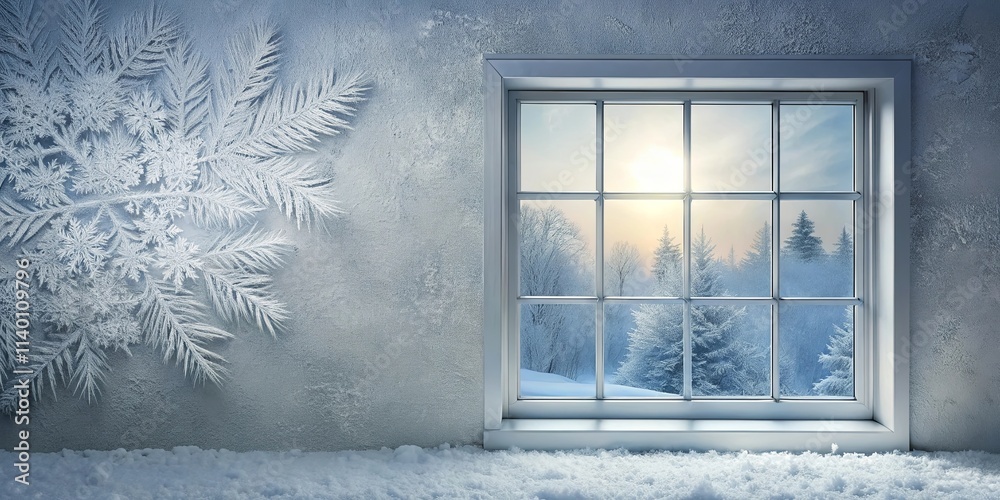 Fototapeta premium Winter Wonderland Window Scene Frosty Snowflake and Snowy Landscape View