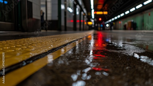 Wallpaper Mural A low angle view of a wet subway platform with yellow lines and reflections of lights. Torontodigital.ca