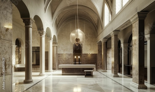 Marble floor  columns  arched ceiling  simple altar.