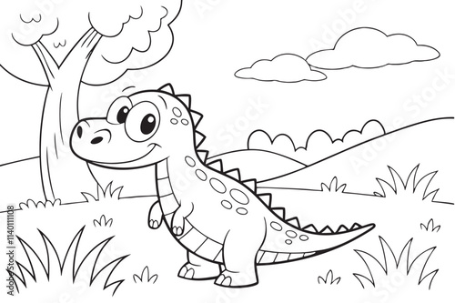 Fototapeta Naklejka Na Ścianę i Meble -  cute dinosaur some grass and a tree, coloring book