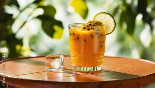 Refreshing glass of passion fruit juice with pulp, ice, and lime garnish outdoors