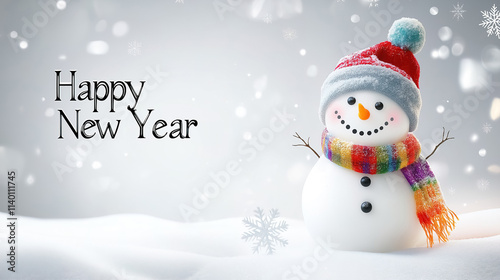 Adorable snowman and elegant text "Happy New Year" on the left