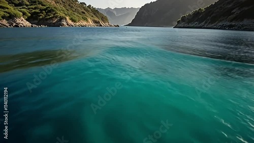 A beautiful lake surrounded by green mountains and calm water under a clear sky, symbolizing peace, nature, and scenic beauty. photo