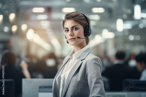 Confident operator wearing headset working in busy call center