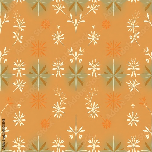 Autumn Floral Pattern: A seamless pattern featuring delicate white flowers, golden leaves, and a warm orange background. Perfect for adding a touch of natural beauty to your designs. 