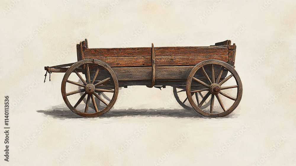 A wooden cart with wheels, used for transporting goods. A wooden cart with wheels, used for transporting goods.