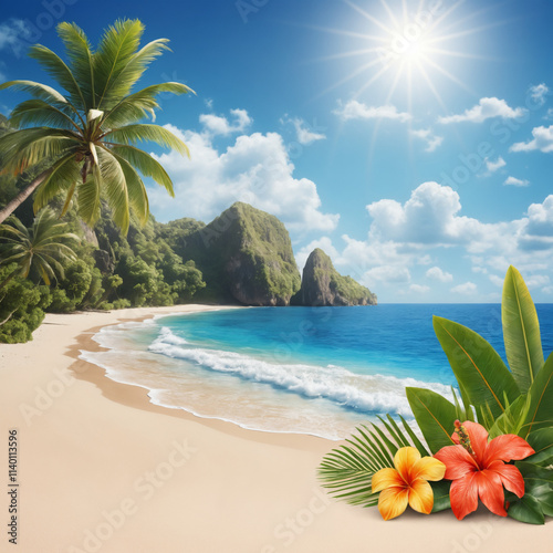 Idyllic tropical beach with lush palm trees and vibrant flowers, sunny sky and ocean waves, vacation paradise, copy space photo