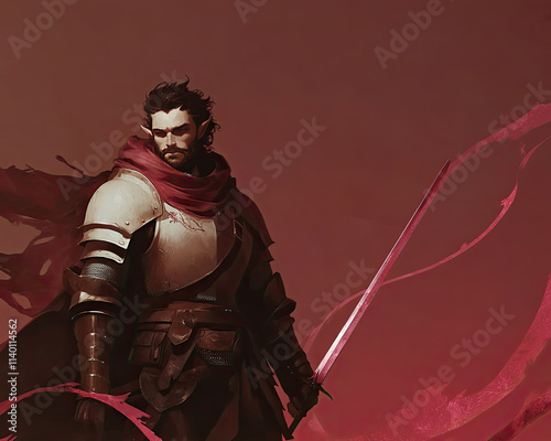 A warrior in a black armor holding a sword with red flames surrounding him. The image is dark and ominous, with a sense of danger and foreboding