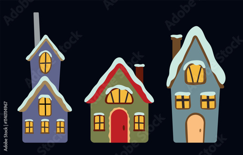 Winter house set. Cute snowy houses on a dark background. Vector illustration for christmas design photo