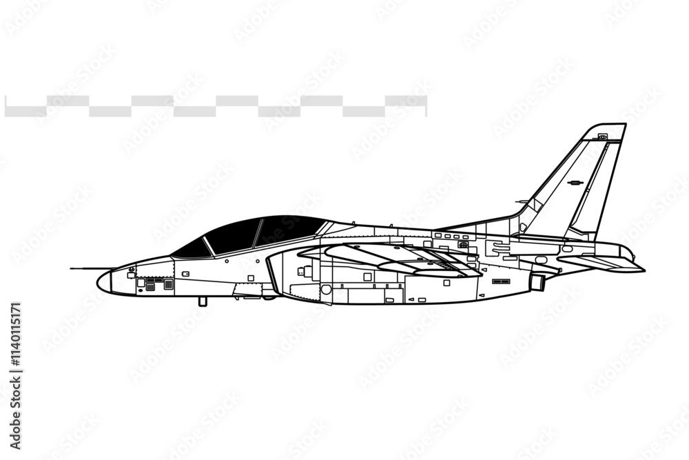 Kawasaki T-4. Vector drawing of jet trainer aircraft. Side view. Image for illustration and infographics.