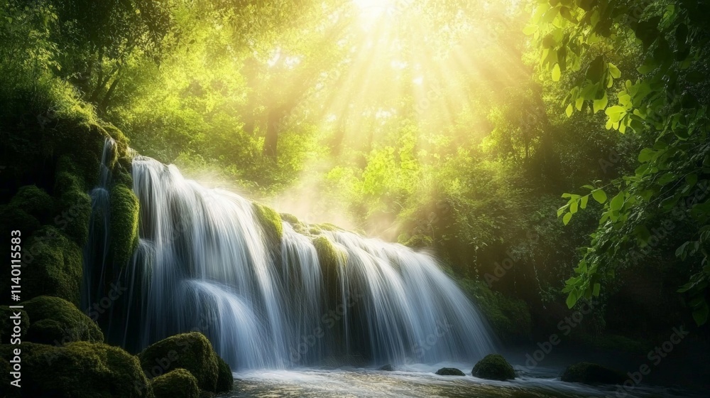 A tranquil waterfall flows beneath golden sunlight in a lush green forest, creating a serene and peaceful atmosphere. A tranquil waterfall flows beneath golden sunlight in a lush green forest, creating a serene and peaceful atmosphere.