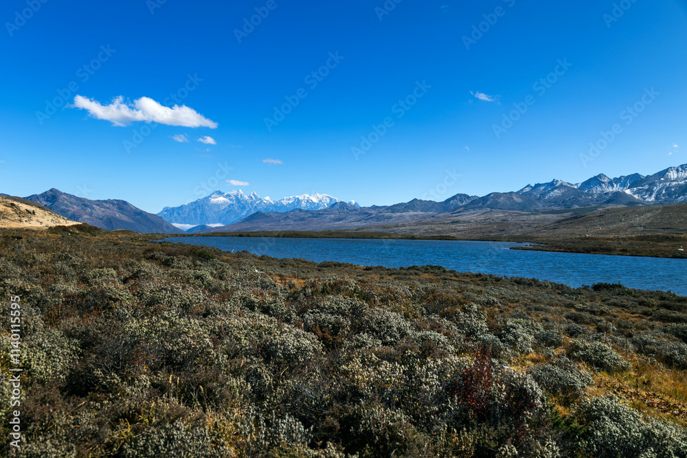 Snow mountain view of Honghaizi Lake, Kangding, Ganzi, Sichuan, China Snow mountain view of Honghaizi Lake, Kangding, Ganzi, Sichuan, China