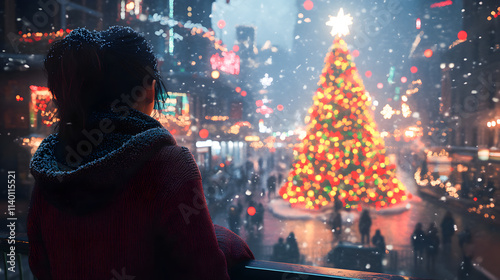 Wallpaper Mural Girl with her back turned leaning on a railing in a city at night, watching a decorated and illuminated Christmas tree Torontodigital.ca