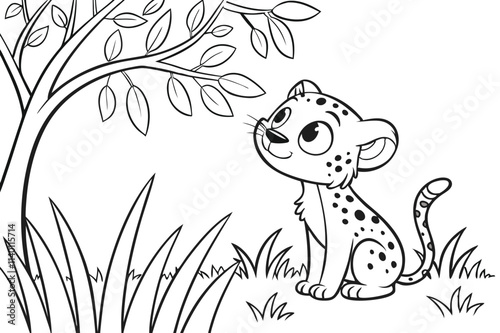 cute Leopard, some grass and a tree, coloring book