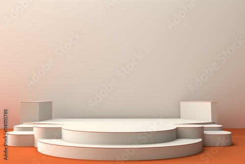 White round stage displaying products on orange background with copy space