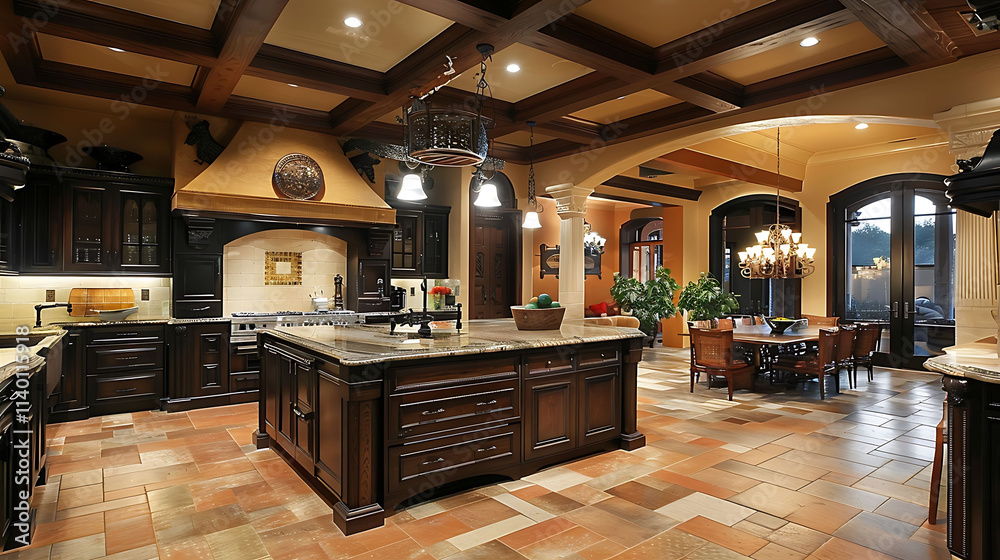 A spacious kitchen with an island in the center and pendant lighting above, A spacious kitchen with an island in the center and pendant lighting above,