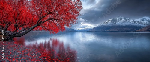 Serene autumn landscape vibrant red tree by tranquil lake, snow-capped mountains in background.  Perfect for nature, travel, and serenity themes. photo