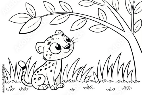 cute Leopard, some grass and a tree, coloring book
