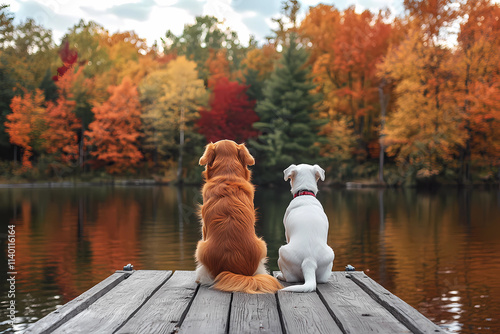Two dogs are sitting on a dock by a lake, one is brown and the other is white