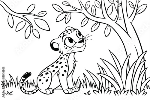 cute Leopard, some grass and a tree, coloring book