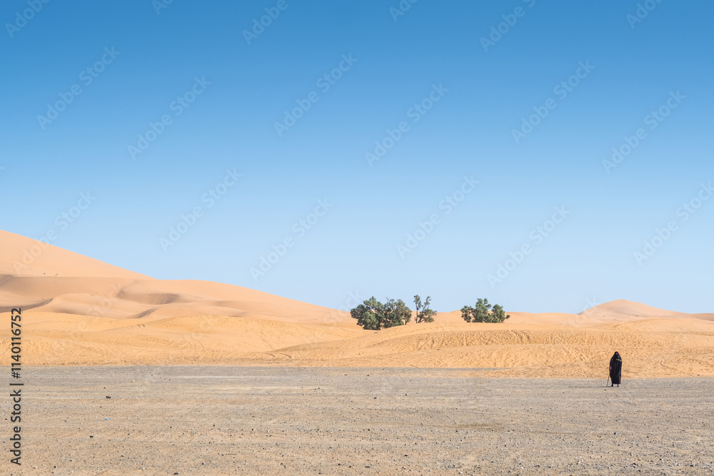 Stunning panorama of the Moroccan desert near Merzouga. You can see the arid and dry stony soil with the sand dunes in the background. An anonymous woman stands in the sun with her typical djellaba Stunning panorama of the Moroccan desert near Merzouga. You can see the arid and dry stony soil with the sand dunes in the background. An anonymous woman stands in the sun with her typical djellaba