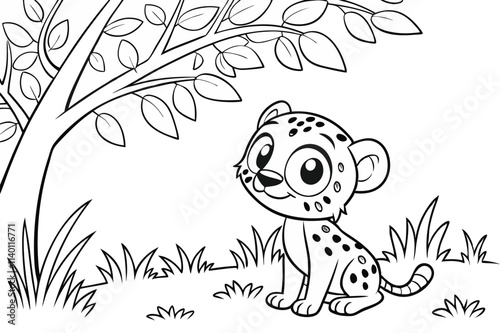 cute Leopard, some grass and a tree, coloring book