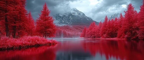 Crédence de cuisine Bordeaux Surreal infrared landscape photo of a tranquil lake reflecting crimson trees and a snow-capped mountain under a dramatic sky.  © nurman