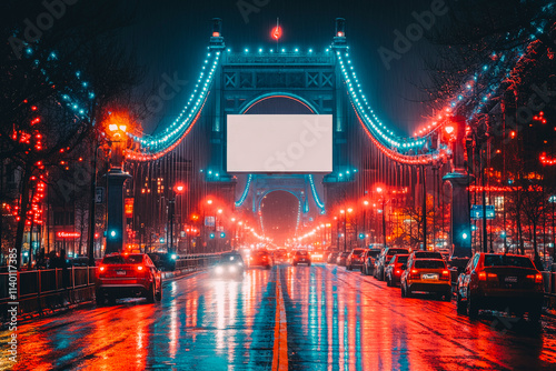 Vibrant night cityscape of a neon-lit bridge with glowing reflections photo