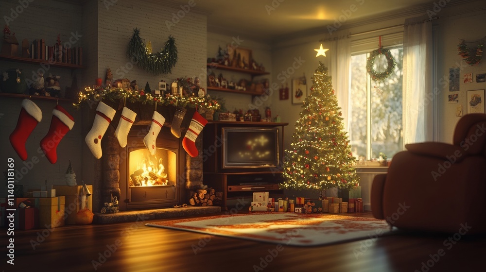 Cozy Christmas Living Room with Decorated Tree and Warm Fire Cozy Christmas Living Room with Decorated Tree and Warm Fire