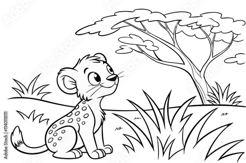 cute Leopard, some grass and a tree, coloring book