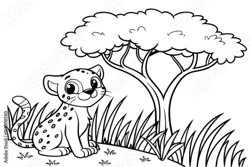 cute Leopard, some grass and a tree, coloring book