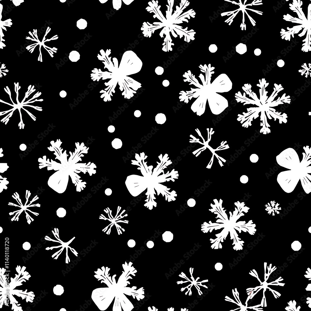 Winter Wonderland: A festive seamless pattern with delicate snowflakes and playful dots on a black background. Perfect for seasonal designs, wrapping paper, and winter-themed projects. Winter Wonderland: A festive seamless pattern with delicate snowflakes and playful dots on a black background. Perfect for seasonal designs, wrapping paper, and winter-themed projects.