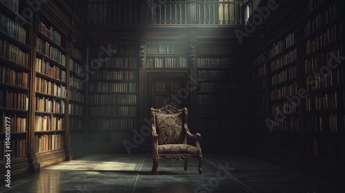 A Cozy Chair in a Dimly Lit Library Surrounded by Shelves of Books photo